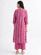 Cotton Dabu Handblock Striped Printed Kurta Set - Pink