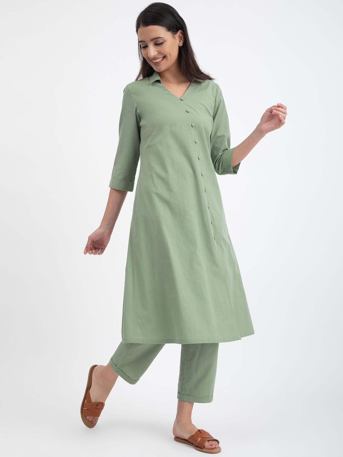 Lime green linen gathered kurta set