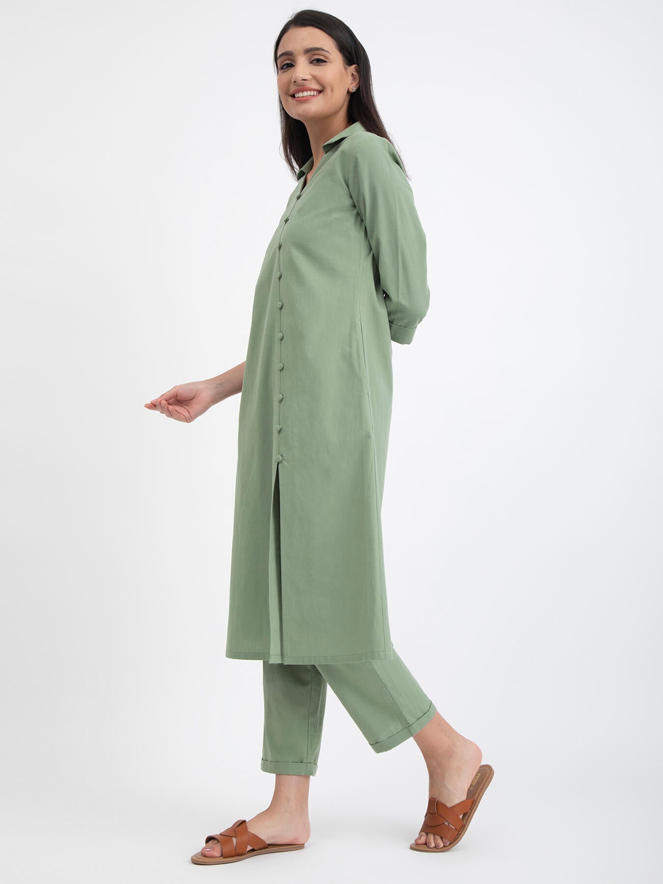 Buy Green Linen Blend A line Kurta Set Online | Pink Fort