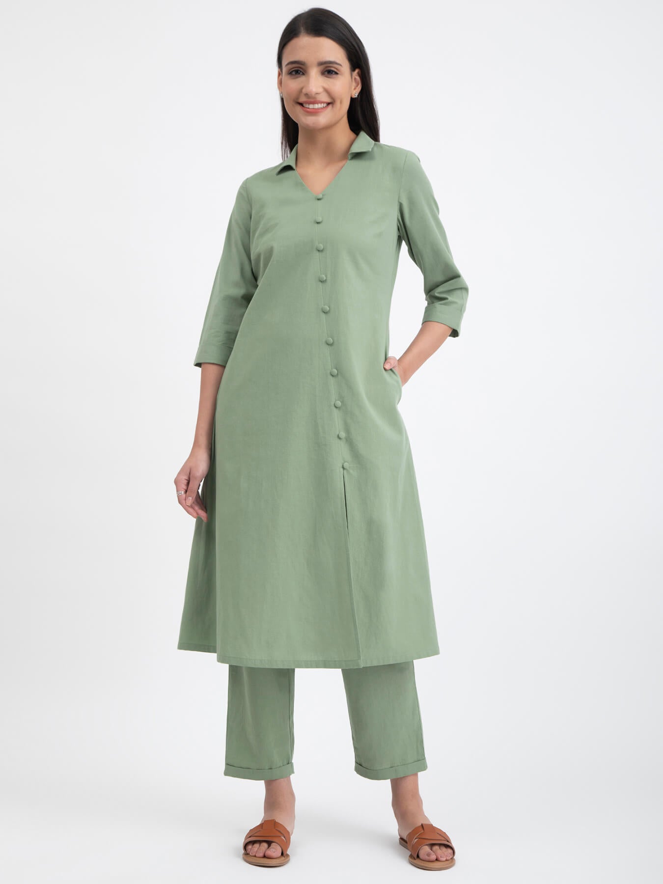 Buy Green Linen Blend A line Kurta Set Online | Pink Fort