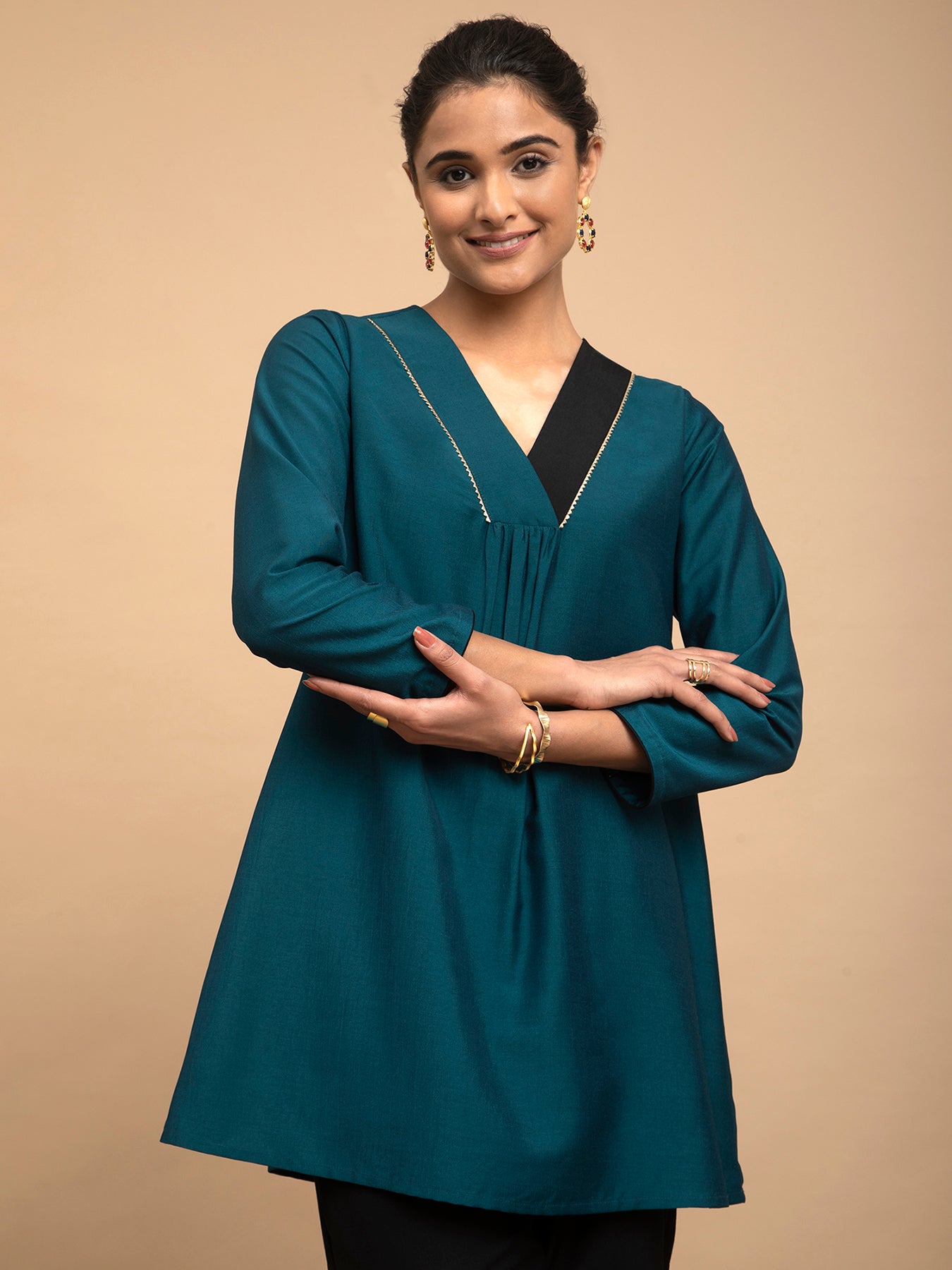 Buy Teal and Black Colour Block Silk Tunic Online | Marigold