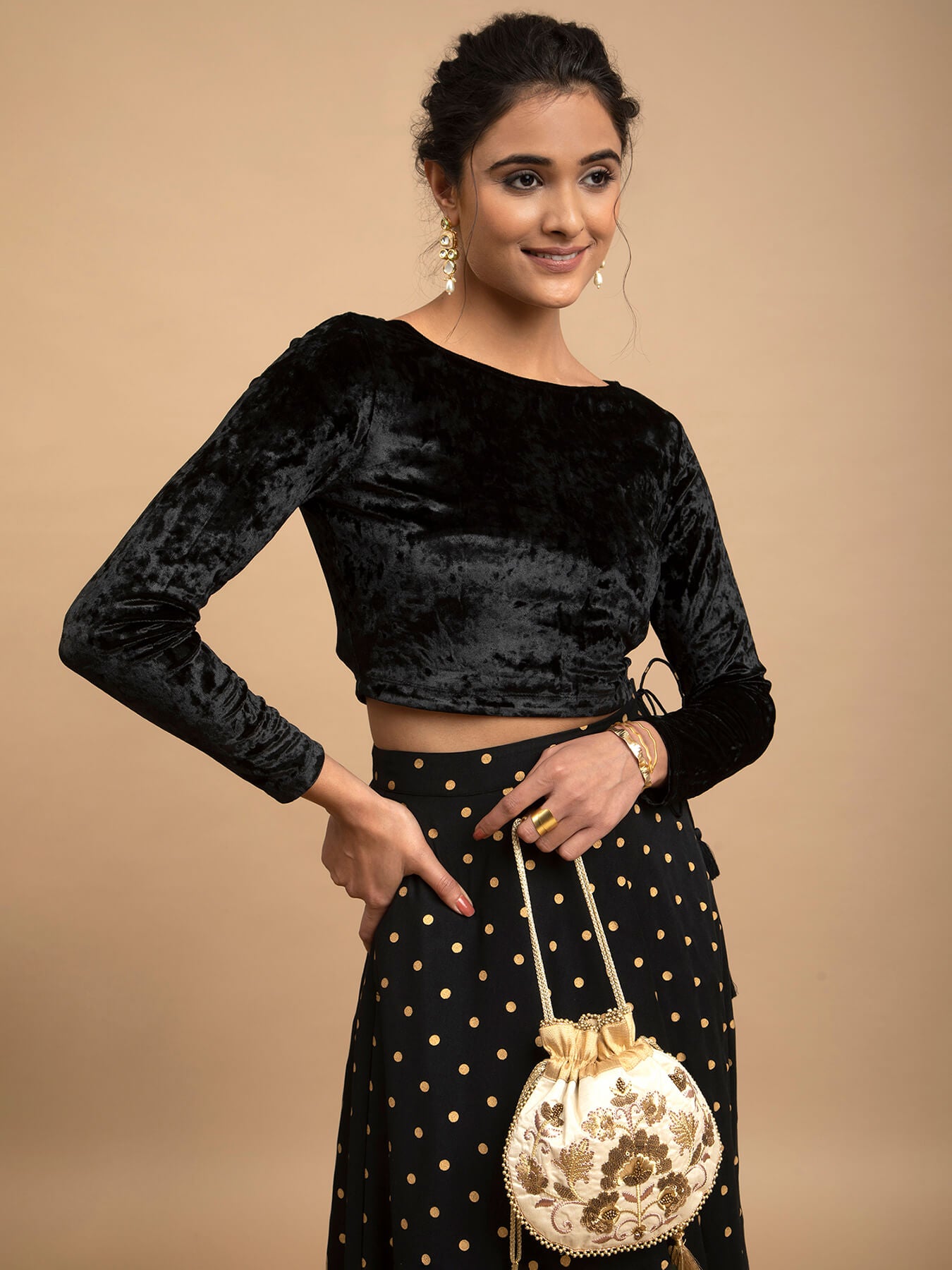 Buy Black Velvet Boat Neck Blouse Online | Pink Fort