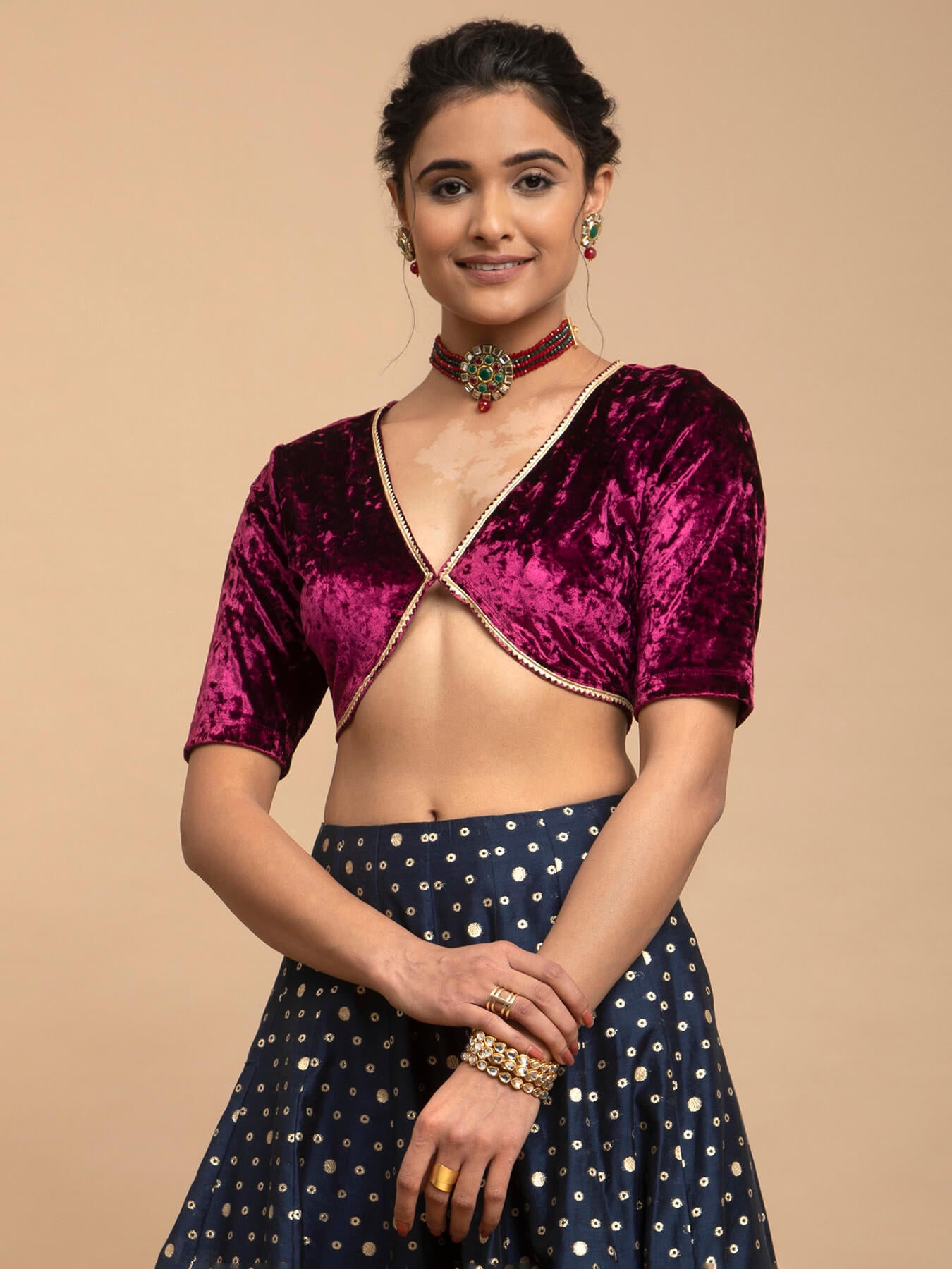 Buy Wine Velvet V-neck Blouse Online | Pink Fort