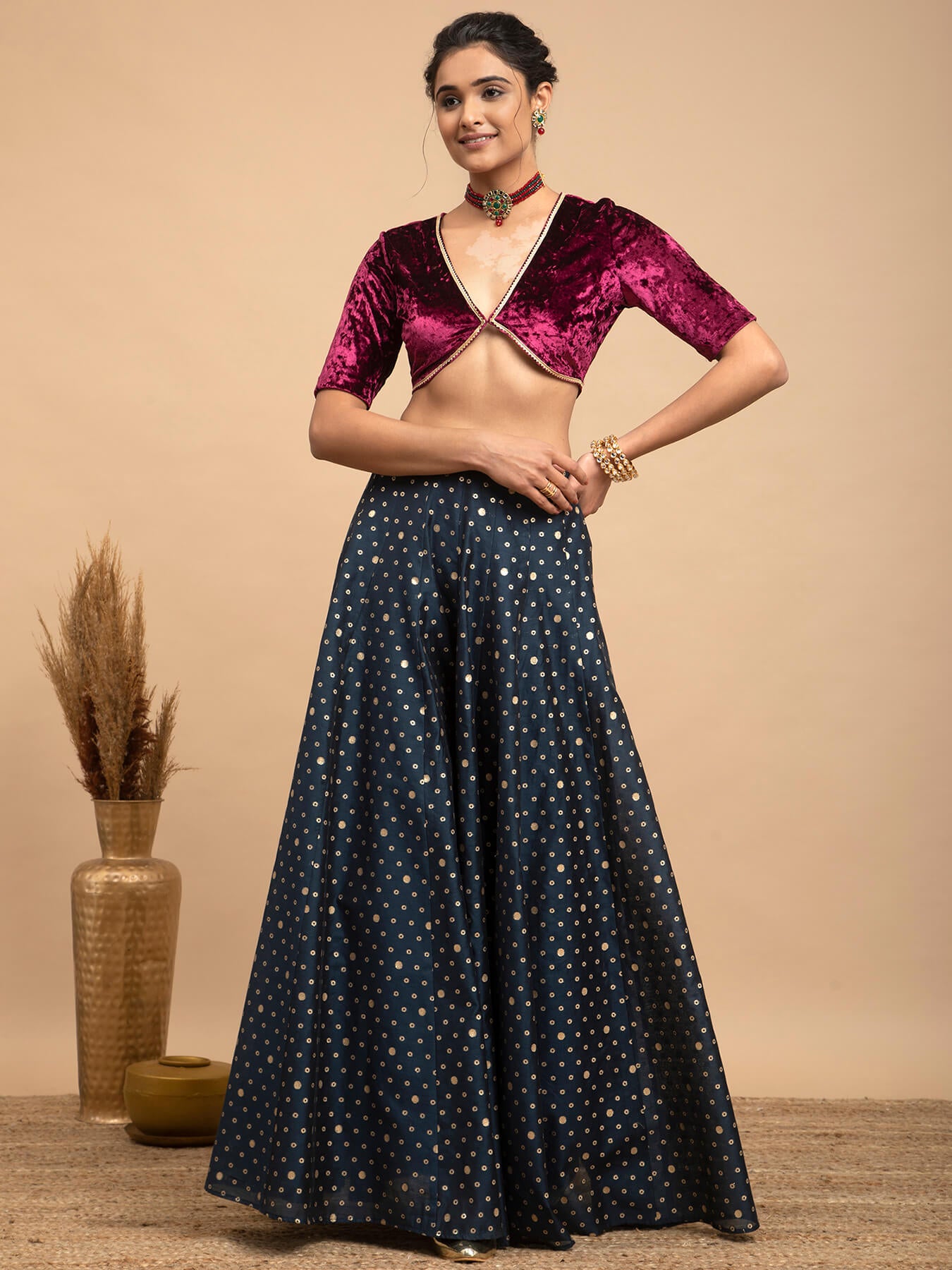 Buy Wine Velvet V-neck Blouse Online | Pink Fort