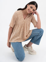 Cotton Jacquard Gathered Top - Beige