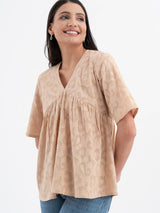 Cotton Jacquard Gathered Top - Beige