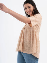 Cotton Jacquard Gathered Top - Beige