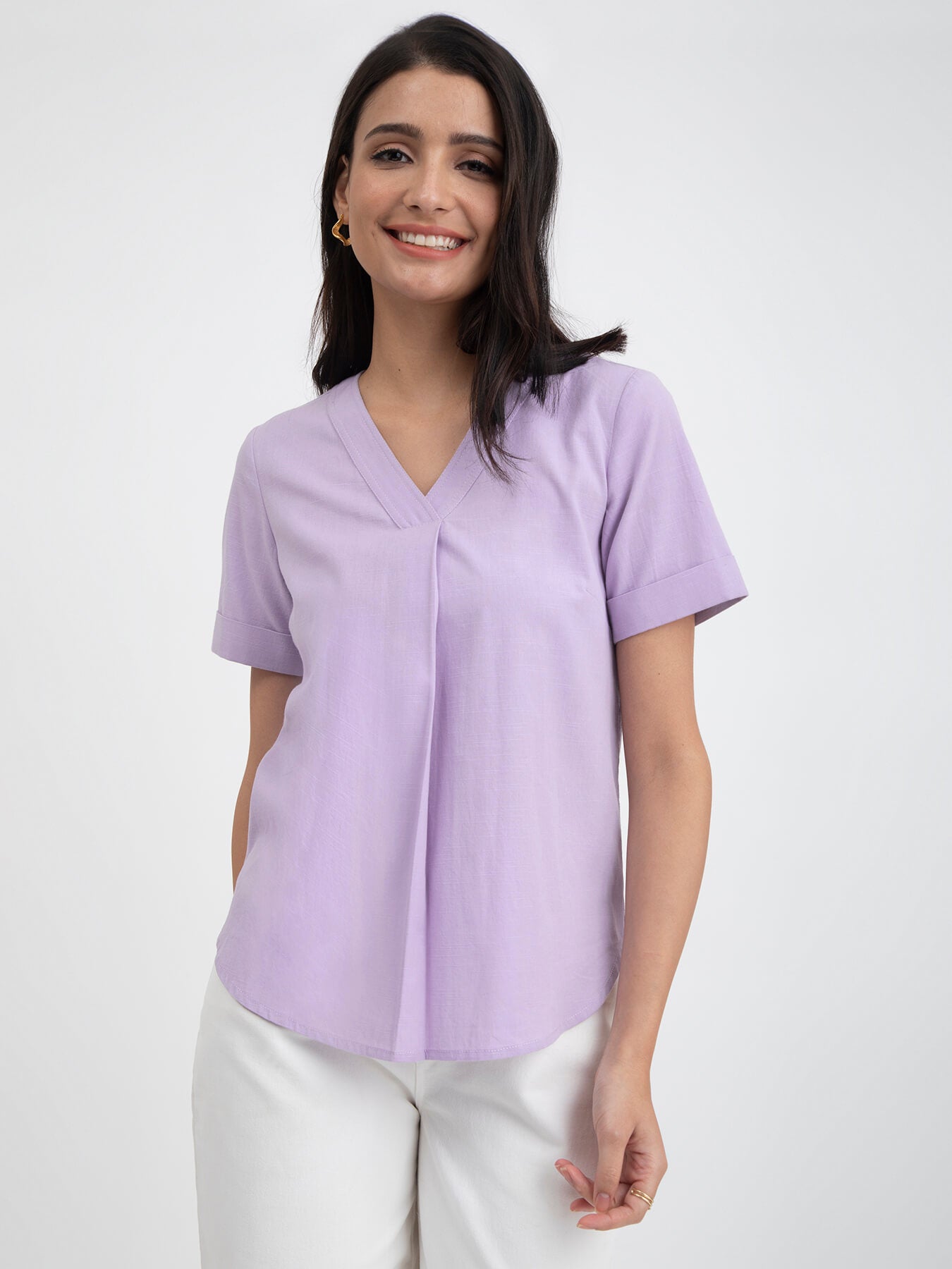 Buy Lilac Linen Blend V neck Top Online | Pink Fort