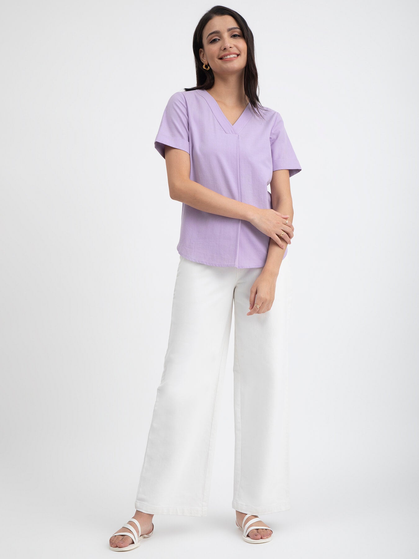 Buy Lilac Linen Blend V neck Top Online | Pink Fort