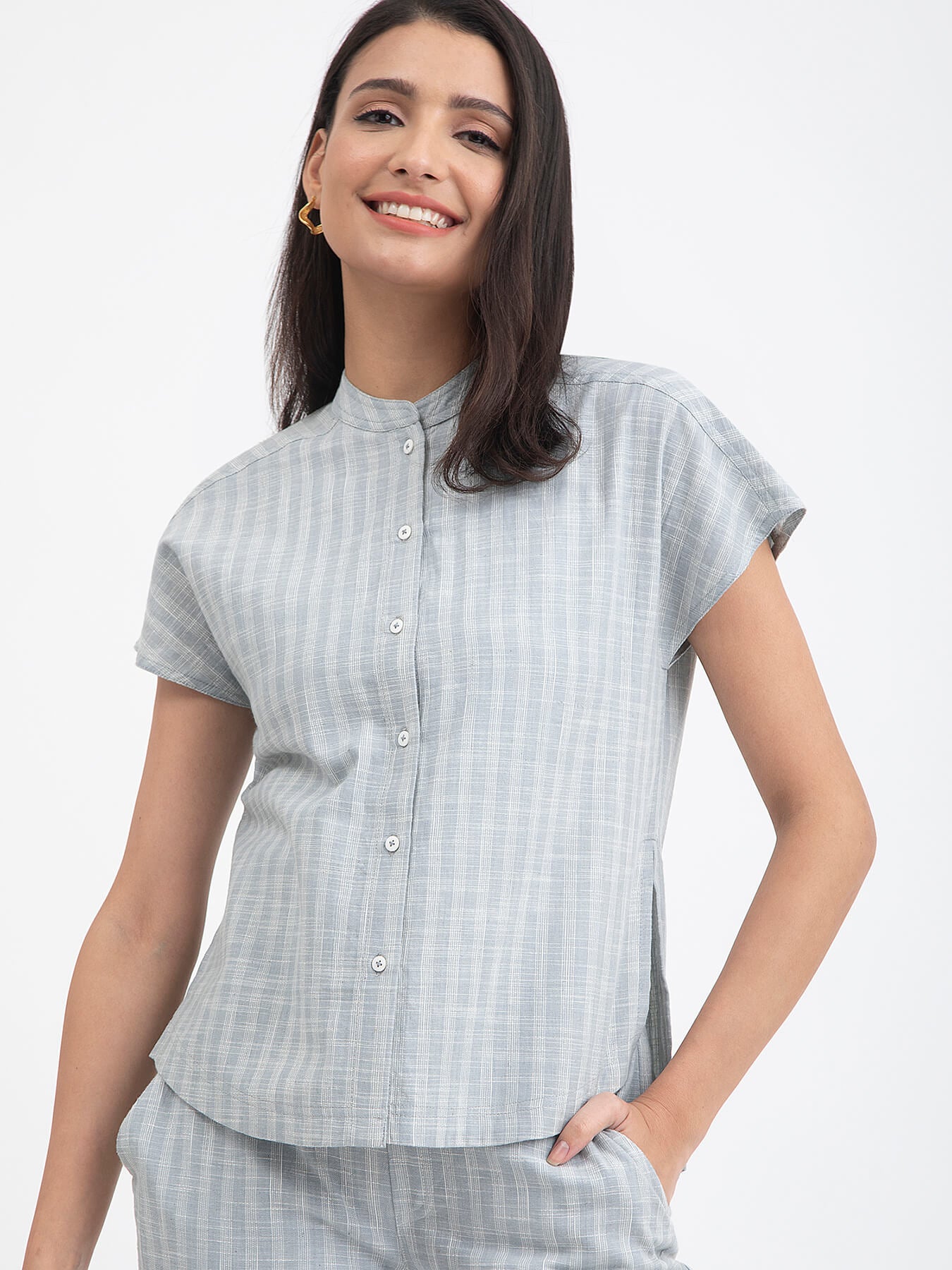 Buy Light Blue Cotton Checked Top Online | Pink Fort