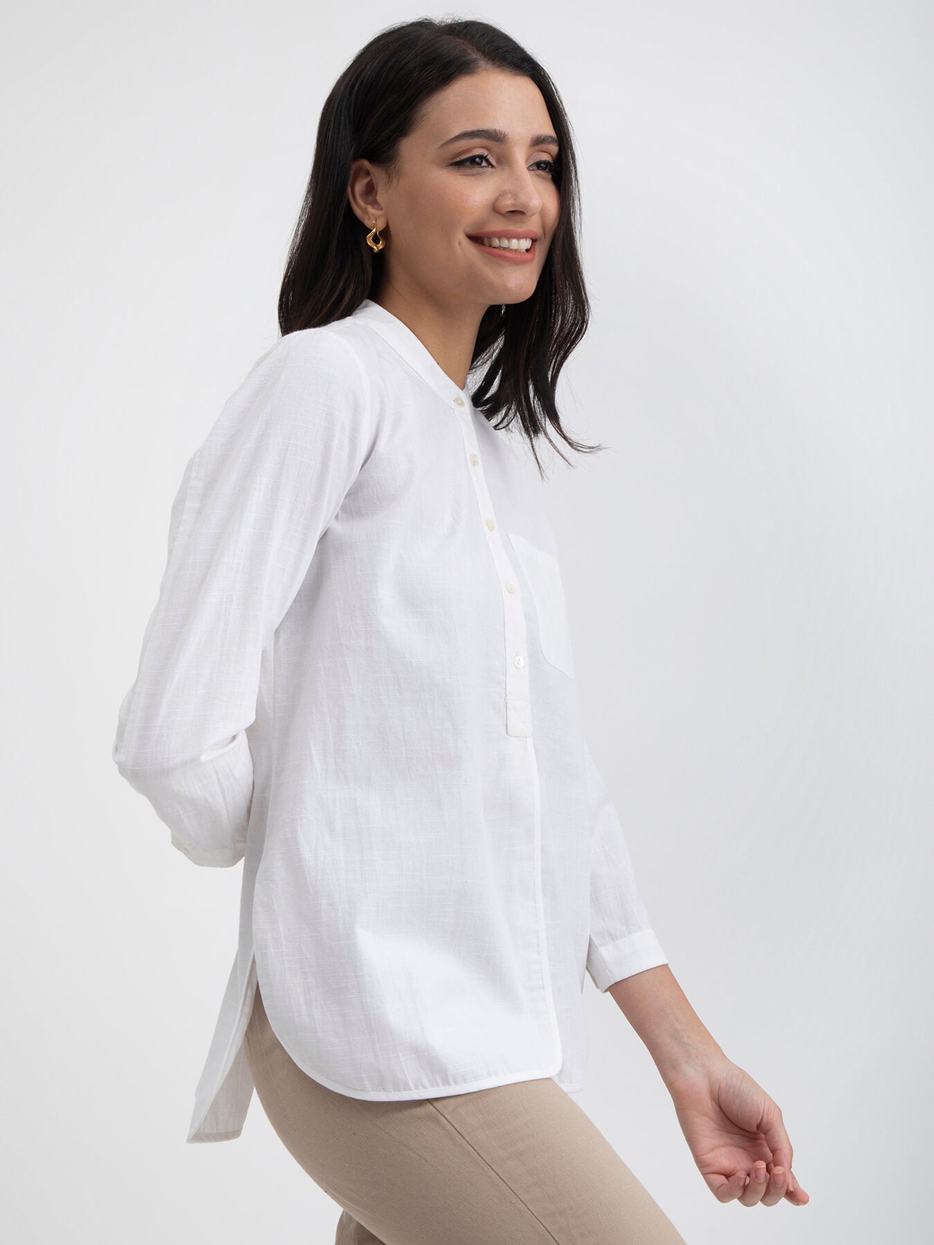 Buy White Linen Blend Mandarin Collar Top Online | Pink Fort