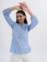 Cotton Jacquard Ruffle Top - Blue
