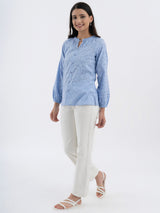 Cotton Jacquard Ruffle Top - Blue