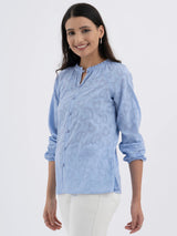 Cotton Jacquard Ruffle Top - Blue