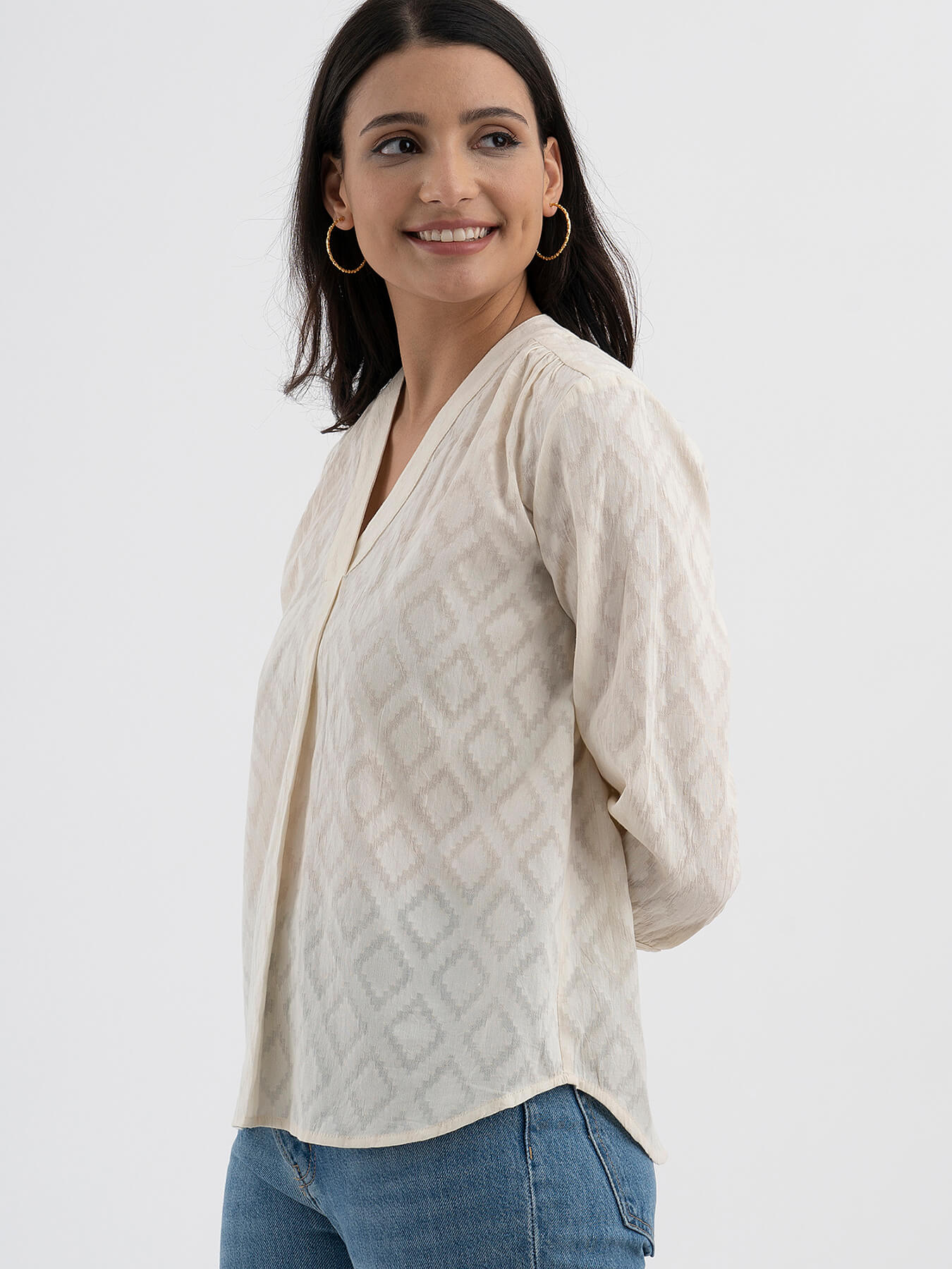 Cotton Jacquard Pleated Top - White