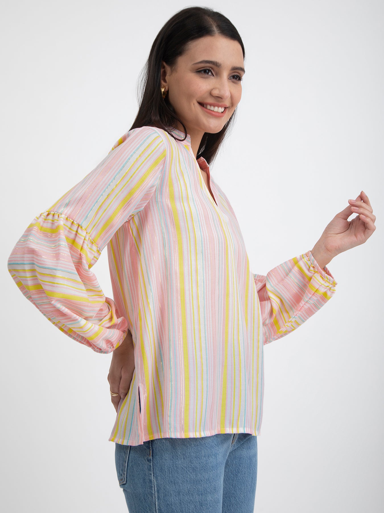 Buy Yellow Cotton Striped Puff Sleeves Top Online | Pink Fort