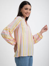 Buy Yellow Cotton Striped Puff Sleeves Top Online | Pink Fort
