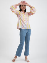 Buy Yellow Cotton Striped Puff Sleeves Top Online | Pink Fort