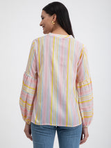 Buy Yellow Cotton Striped Puff Sleeves Top Online | Pink Fort