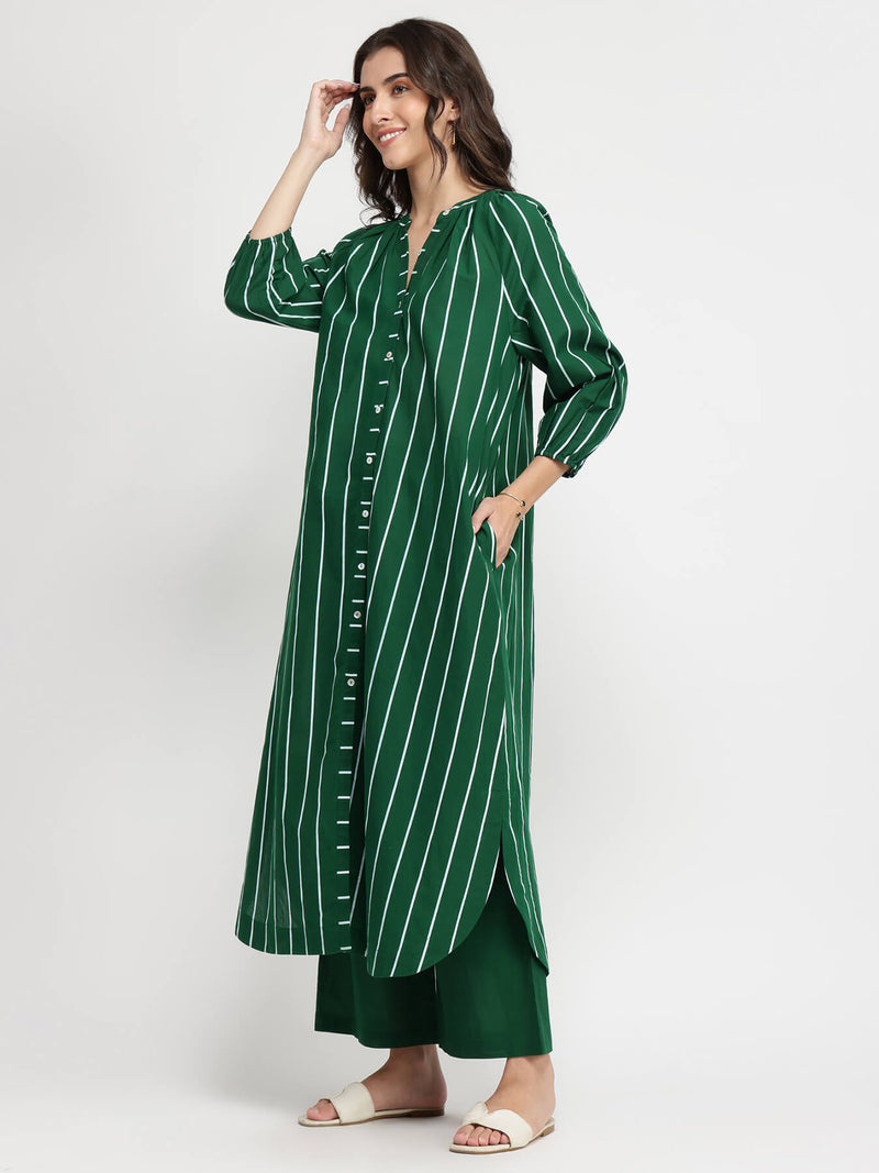 Cotton Striped Buttoned Kurta Set - Green