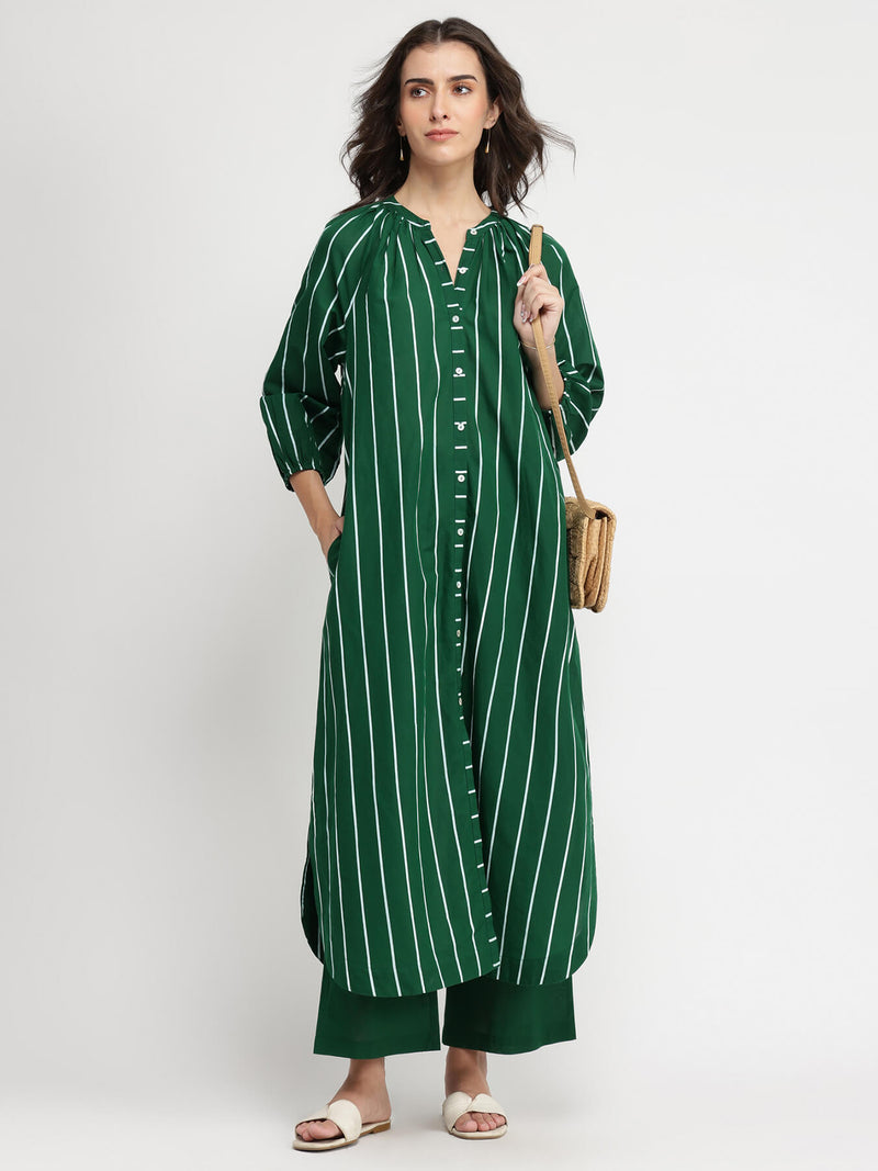 Cotton Striped Buttoned Kurta Set - Green
