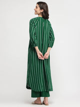 Cotton Striped Buttoned Kurta Set - Green
