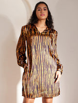 Satin Abstract Print Dress - Black And Gold