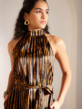 Halter Neck Abstract Print Dress - Black And Gold