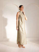 Foil Print High Neck Dress - Beige And Gold