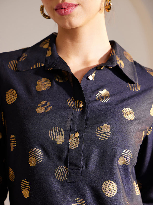 Foil Print Shirt Collar Dress - Navy Blue And Gold