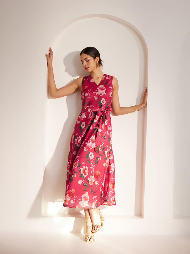 Chanderi V Neck Dress With Belt - Pink And Multicolour