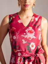 Chanderi V Neck Dress With Belt - Pink And Multicolour