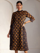 Chanderi Mandarin Collar Dress - Black And Mustard