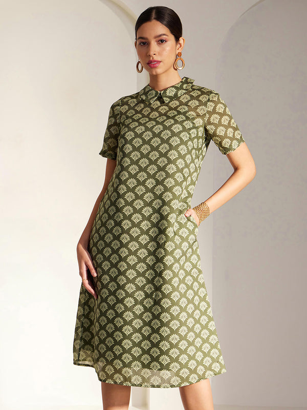 Chanderi Indian Motif Dress - Green And Off White