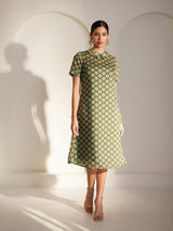 Chanderi Indian Motif Dress - Green And Off White