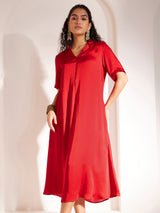 Satin Lapel Collar Dress - Red