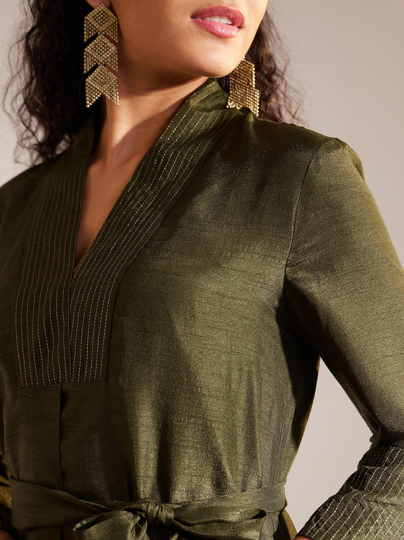 Zari Detail Front Pleat Dress - Olive
