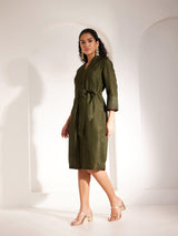 Zari Detail Front Pleat Dress - Olive
