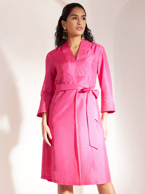 Zari Detail Front Pleat Dress - Pink