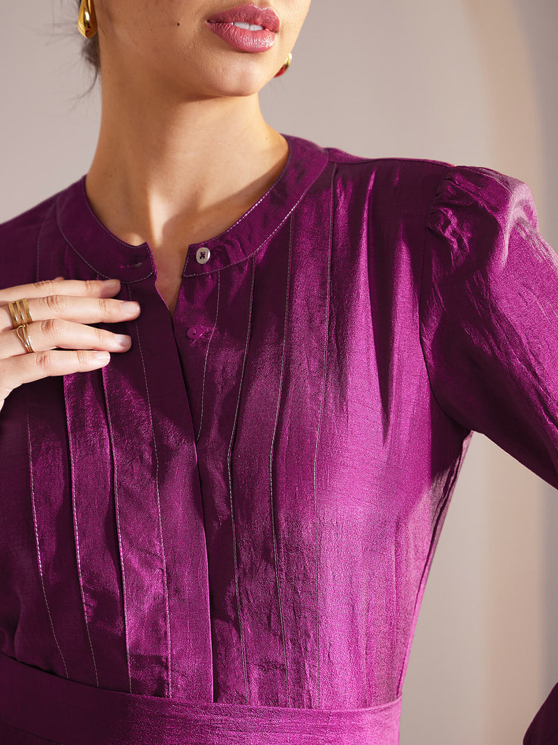 Pleat Detail Shirt Dress - Purple