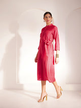 Zari Detail Pintuck Dress - Red