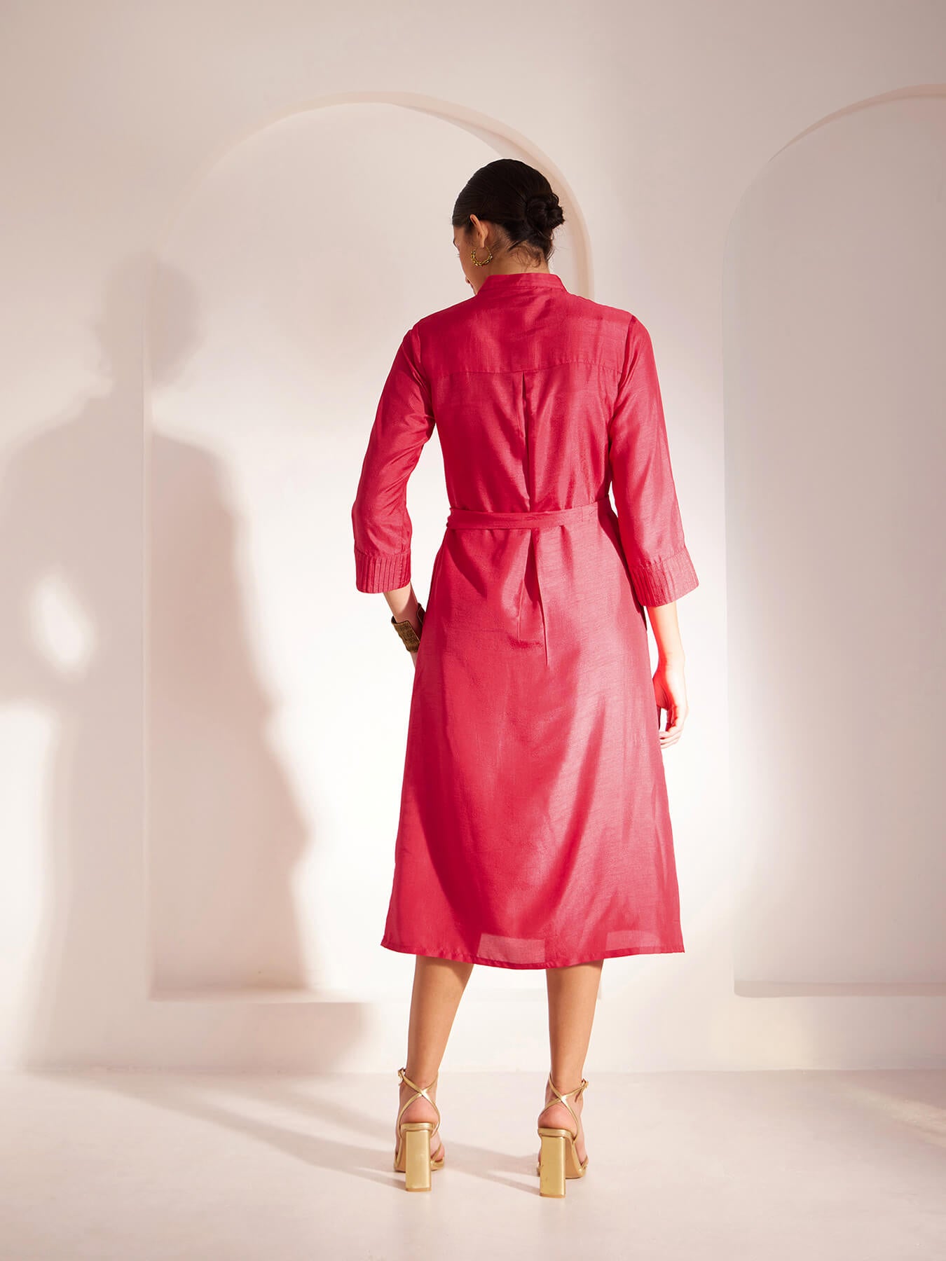 Zari Detail Pintuck Dress - Red
