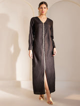 Lace Detail V Neck A-Line Dress - Black