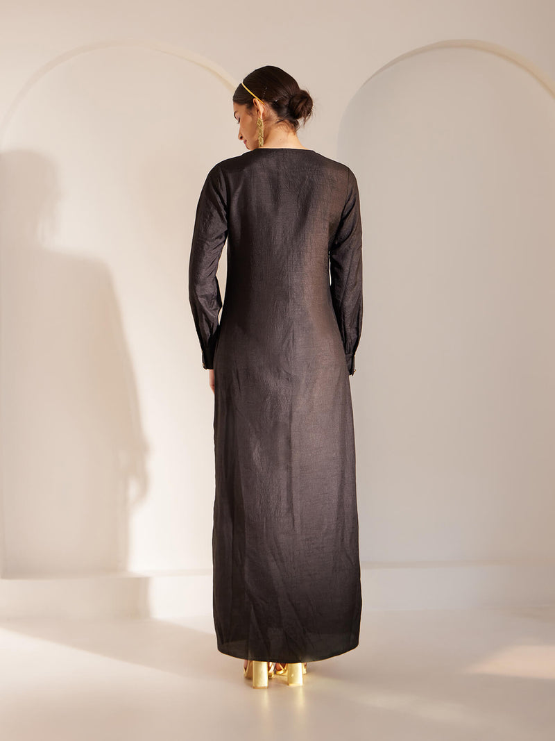 Lace Detail V Neck A-Line Dress - Black
