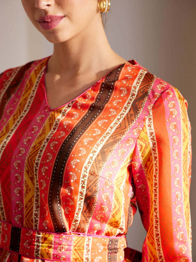 Chanderi Striped Tiered Dress - Multicolour