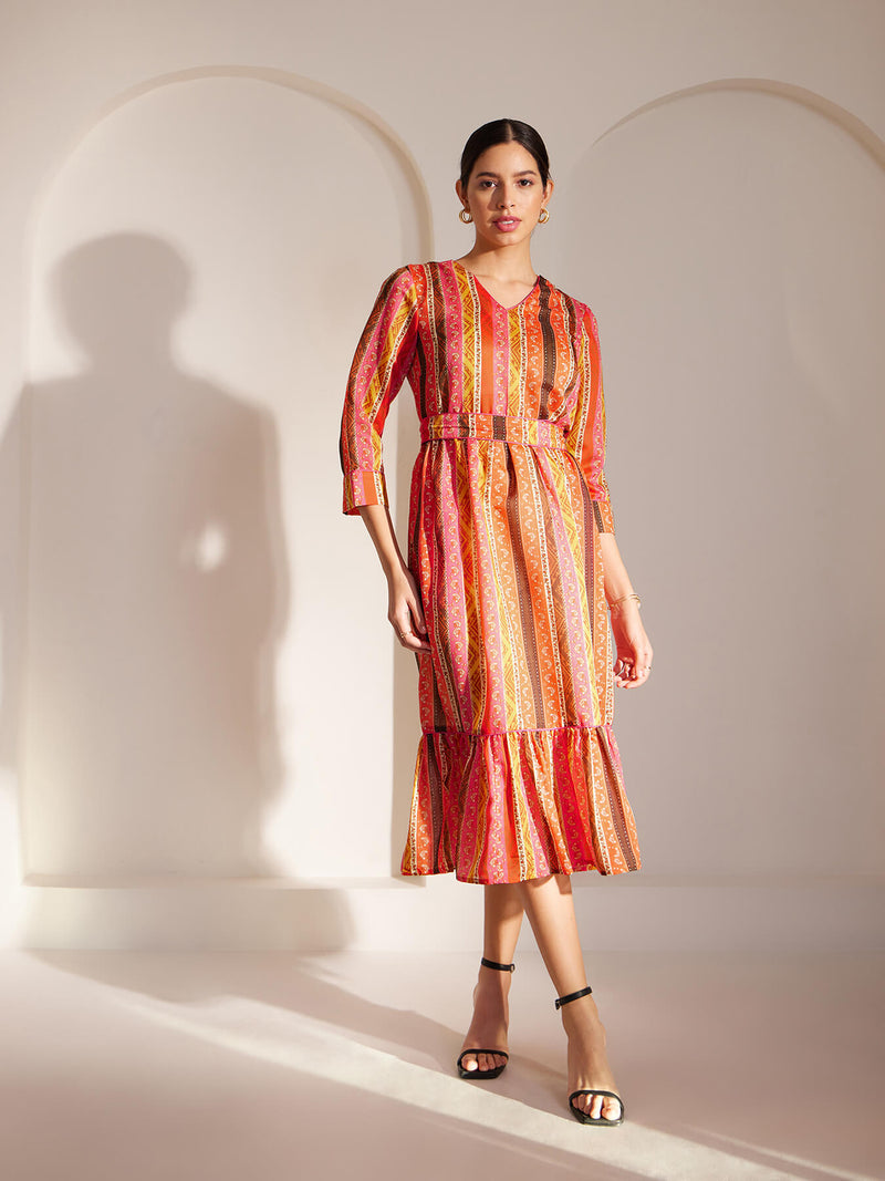 Chanderi Striped Tiered Dress - Multicolour