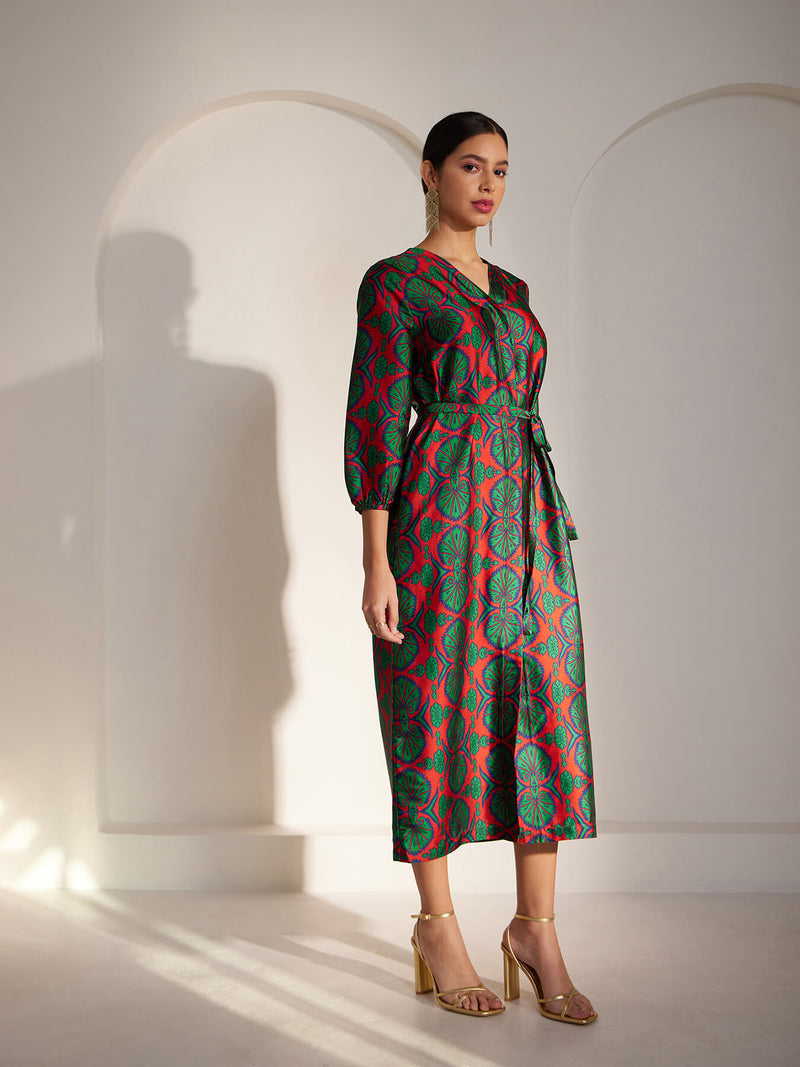 Satin Indian Motif Print Dress - Red And Green