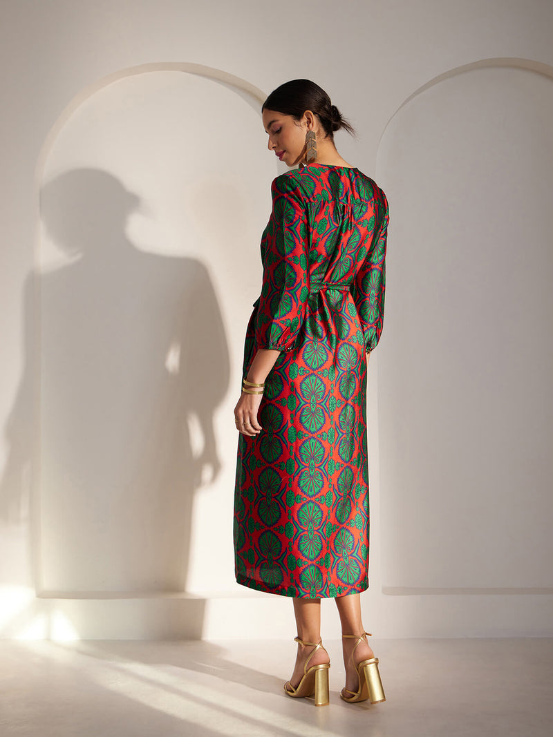 Satin Indian Motif Print Dress - Red And Green