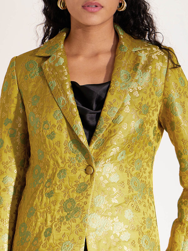 Chanderi Brocade Open Front Jacket - Yellow