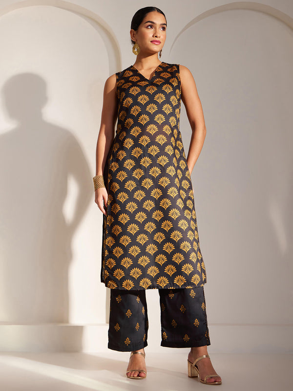 Chanderi High Slit Kurta And Trousers Co-ord Set - Black And Mustard